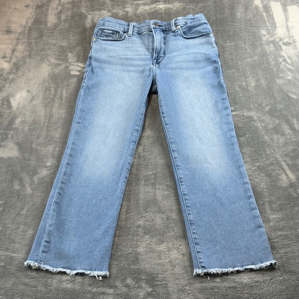 Good American High Rise Straight Leg Raw Hem Jeans Blue 6/28 GSBP941CET